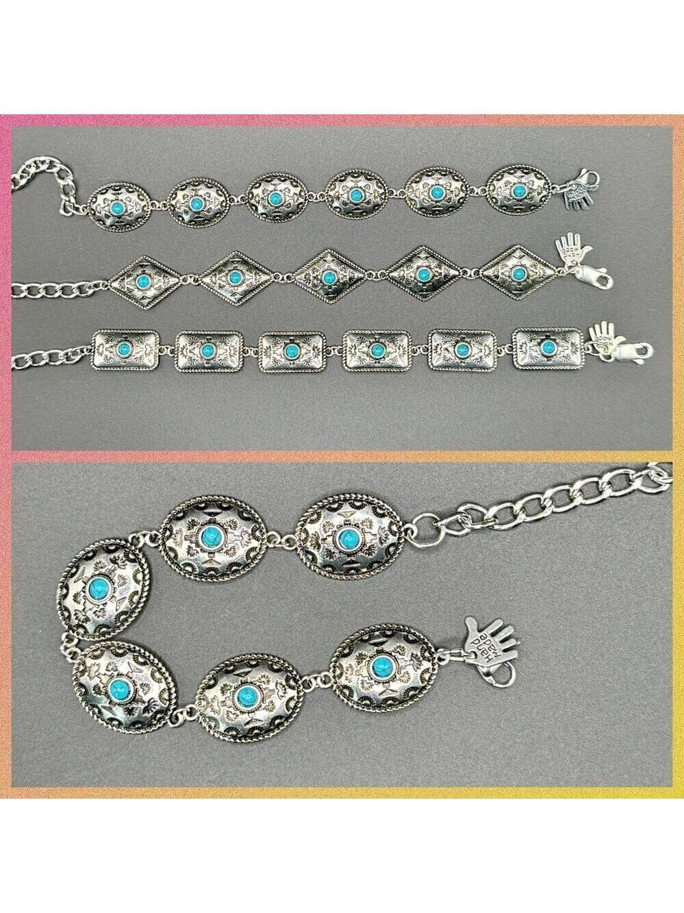 Faux Turquoise and Silver Tone Concho Chain Bracelet #1444